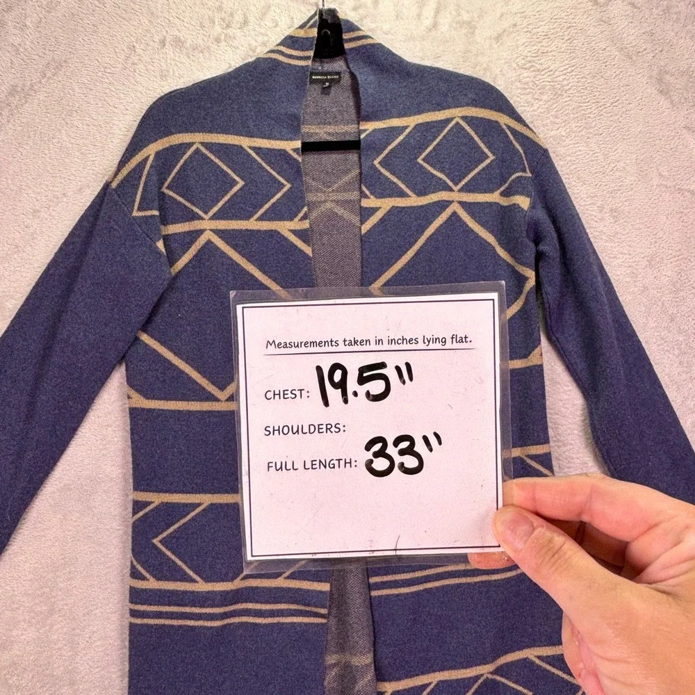 Rebecca Elliot Womens Cardigan Sz M Blue Tan Geometric Open Front Pockets AMD102